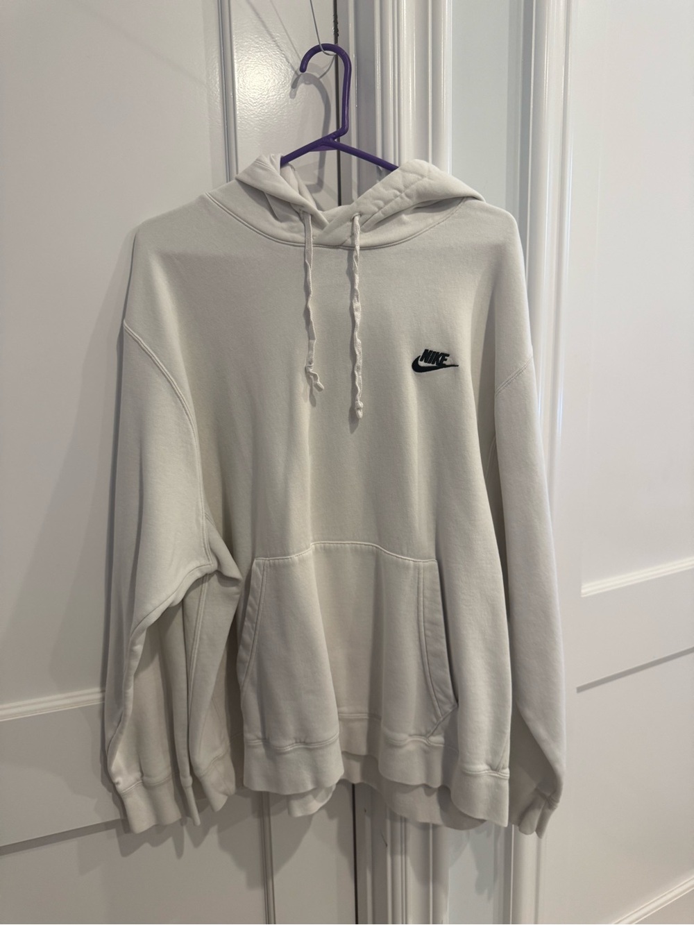 Nike Men’s Off-White Crewneck Pullover Hoodie with Black Swoosh